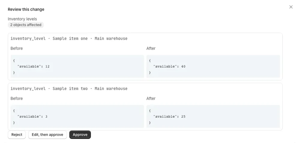 The review dialog for a pending inventory change, showing the values before and after, with Reject, Edit then approve and Approve.