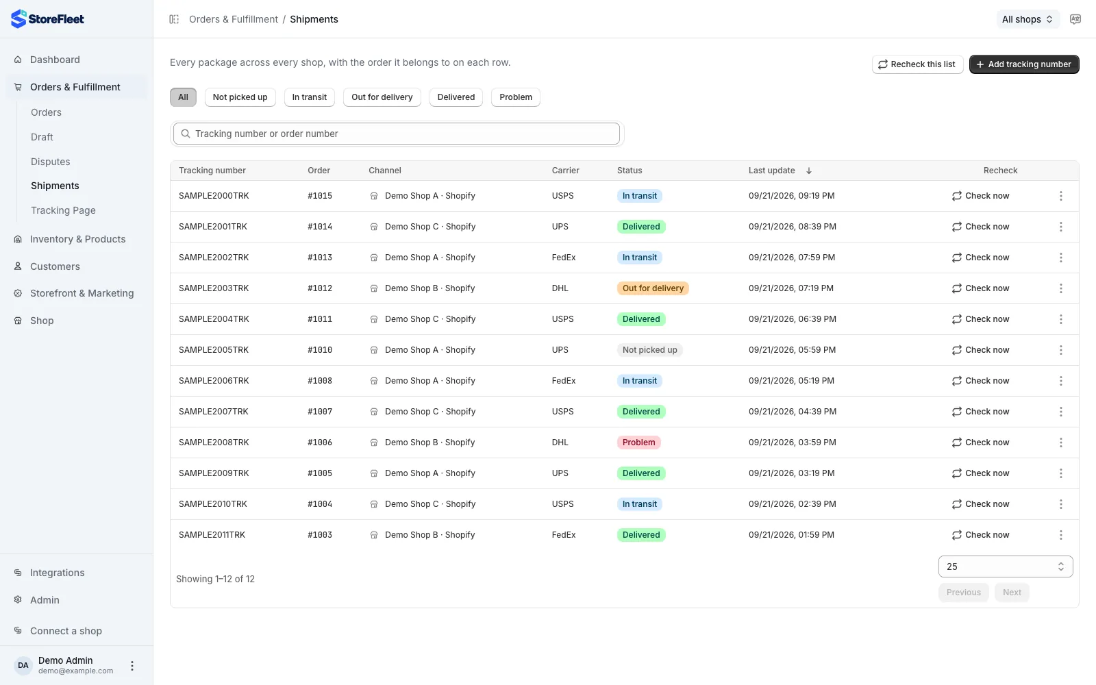 The StoreFleet shipments list: every package across all shops, with its order, carrier, status and a recheck action.