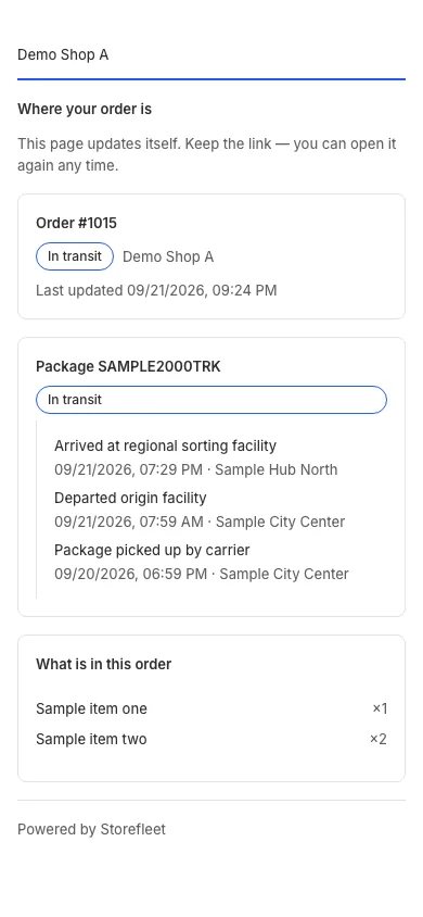 A shopper’s order tracking page on a phone, showing the order status and its carrier scans.